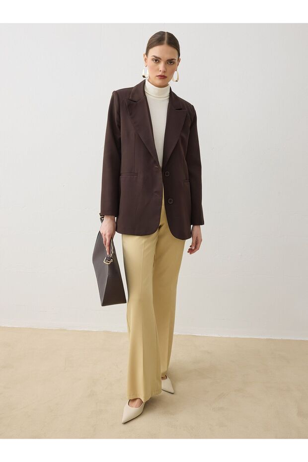 جاكيت بليزر مبطن بأزرار مزدوجة - لون بني غامق - 1