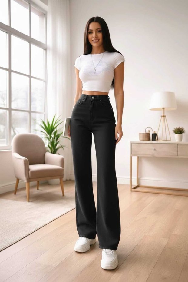 Non-Fading Black Lycra Super High Waist Loose Jean Palazzo Trousers. (Super High.) Wide Leg.