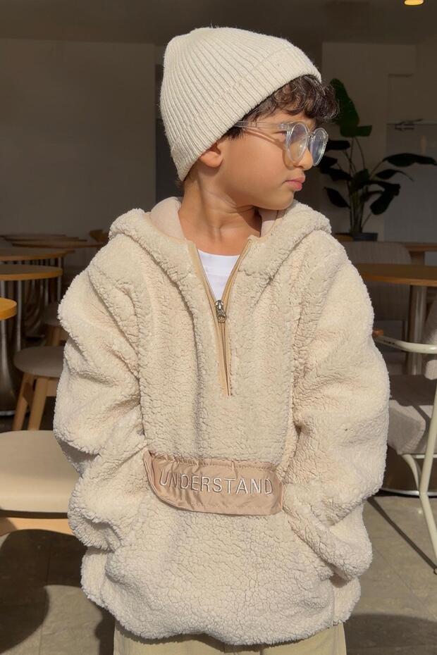 Girl's Plush Sweatshirt Hooded with Kangaroo Pocket, Age 5-8, Stone