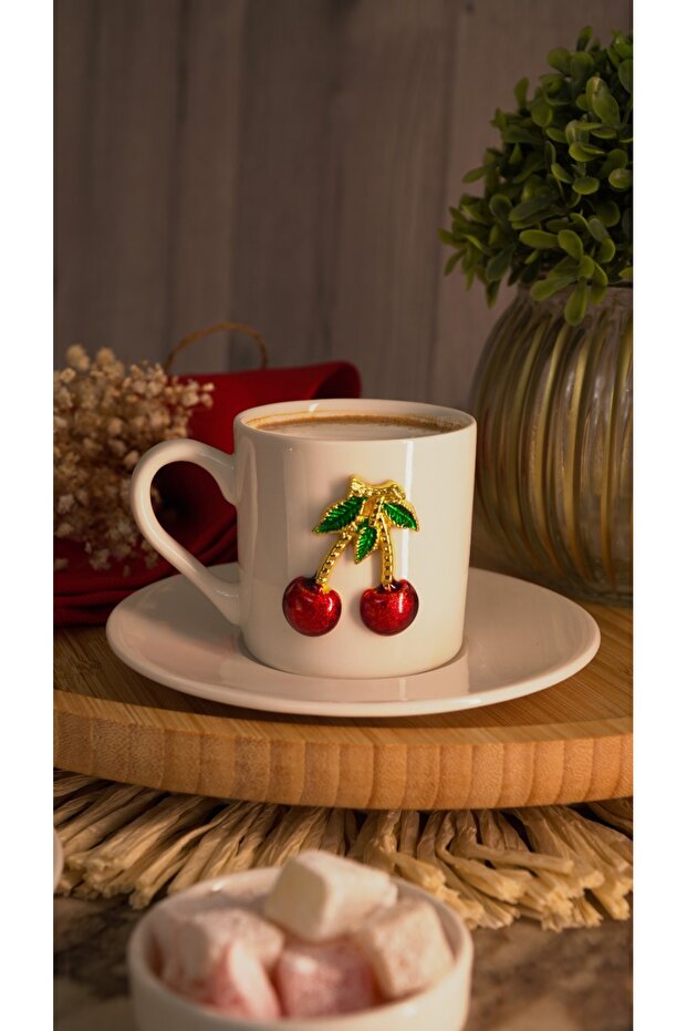 Cherry Embroidered 4-Piece Porcelain Coffee Cup Set for 2 People