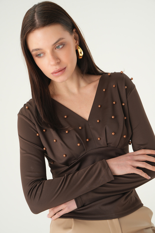 Coffee V-Neck Front Pearl Blouse 8391A