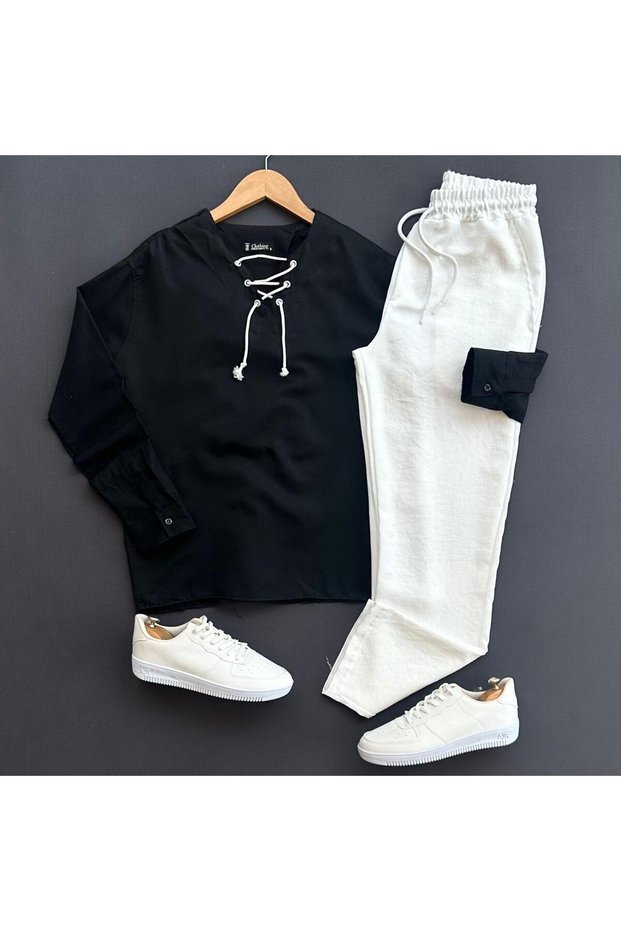 Men's Drawstring Linen Shirt and Trousers Set 2-Piece Set