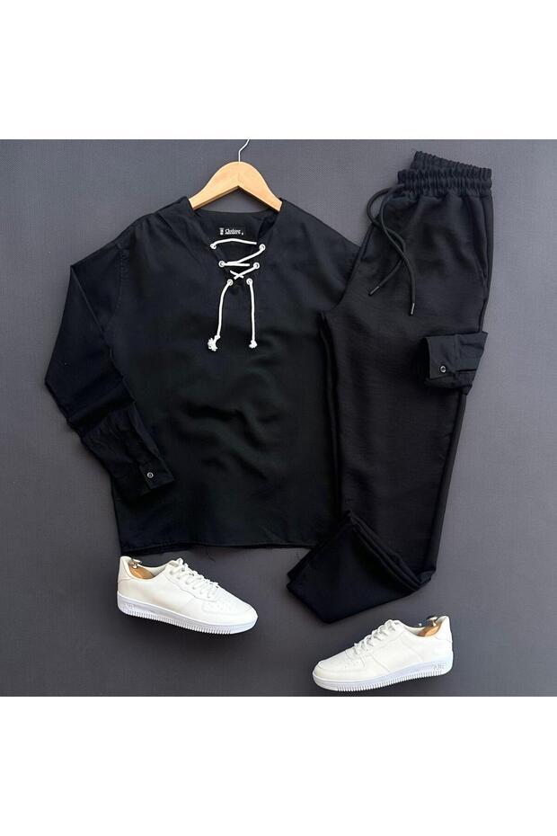 Men's Drawstring Linen Shirt and Trousers Set 2-Piece Set
