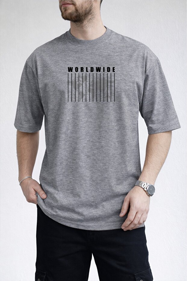 Men's World Map and Vertical Line Design Crew Neck Gray T-Shirt