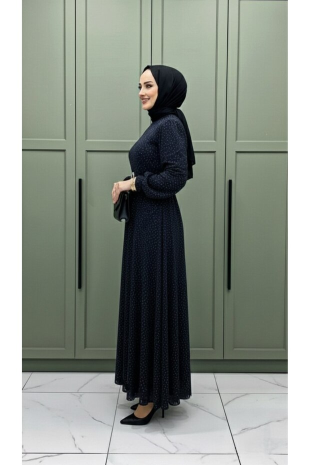 Жіноча темно-синя сукня SULTAN ABİYE з блискітками та камінням, а також поясом - 2