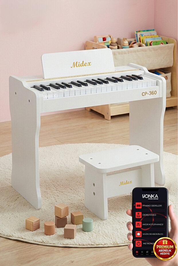 Midex Cp-360wh Ahşap Çocuk Piyanosu Pilli 37 Tuşlu Gerçek Piyano Tuşları