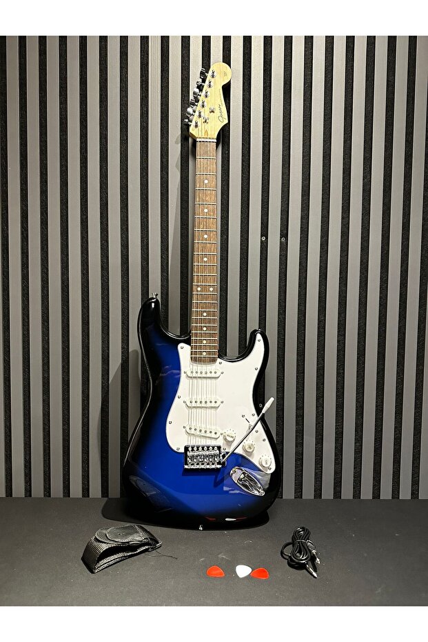 guson Strat Kasa Mavi Blueburst Elektro Gitar Sss ( Kılıf, Pena, Askı, Kablo Hediye )