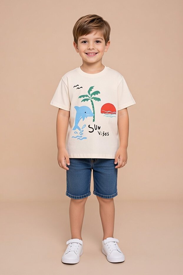 Cream Fish Printed Embroidered Baby Boy Crew Neck T-Shirt 20945