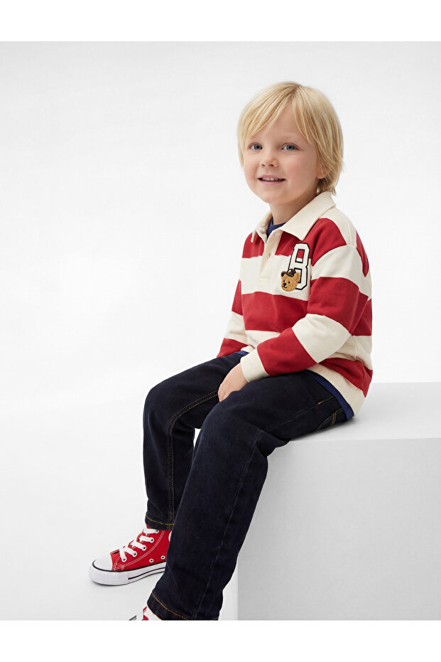 Cotton Long Sleeve Striped Oversize Polo Collar Sweatshirt