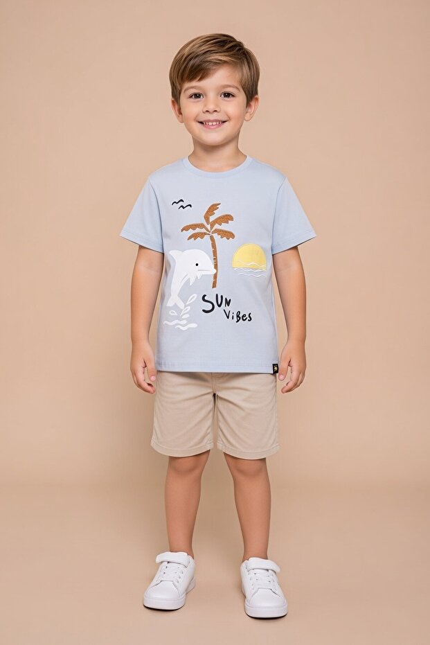 Blue Fish Printed Embroidered Baby Boy Crew Neck T-Shirt 20943
