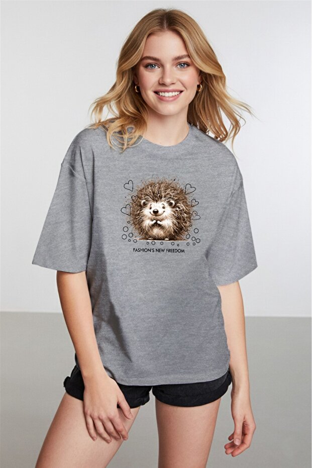 Women's Oversize Cute Hedgehog Printed Gray T-Shirt
