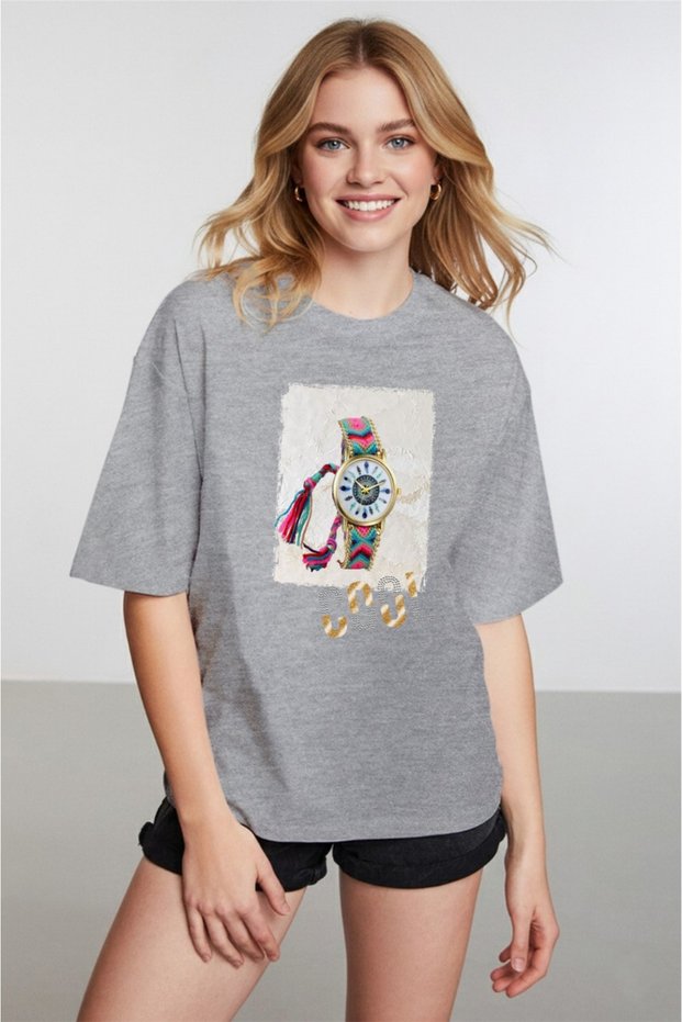 Women's Gray T-Shirt with Watch Figure and Cool Written