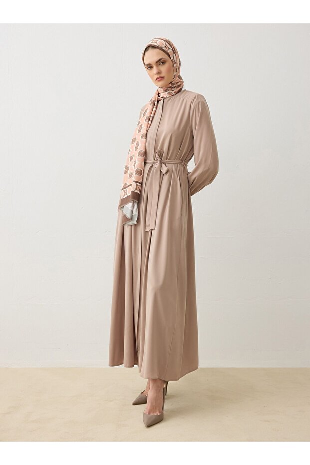 Hidden Placket Ferace with Binding Detail - Beige - Refka - 5