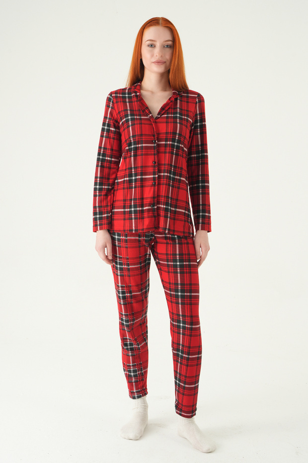 3414 Square Pattern Buttoned Pajama Set Red - 2