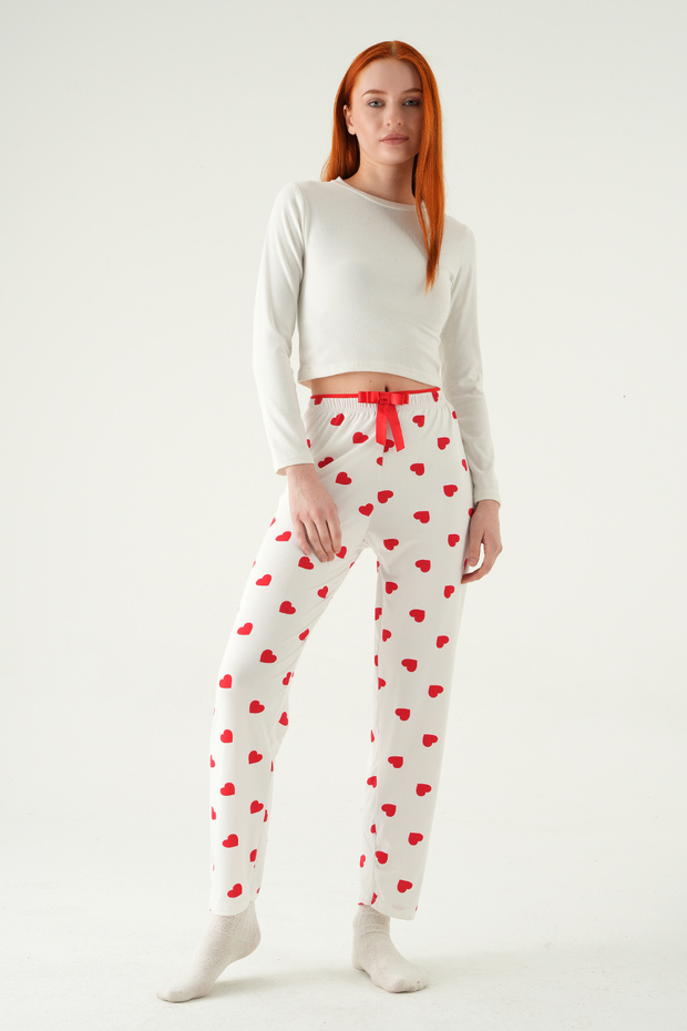4530 Heart Pattern Pajama Bottoms White - 2