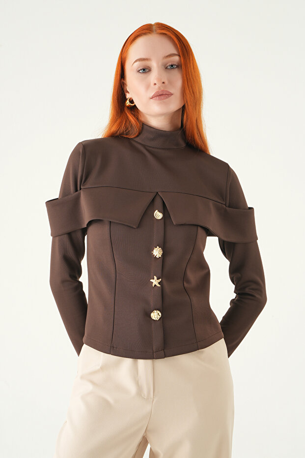 8386A Front Button Blouse Brown - 2