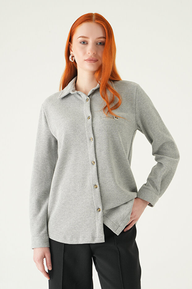 3081A قميص بأزرار أمامية باللون الرمادي - 1