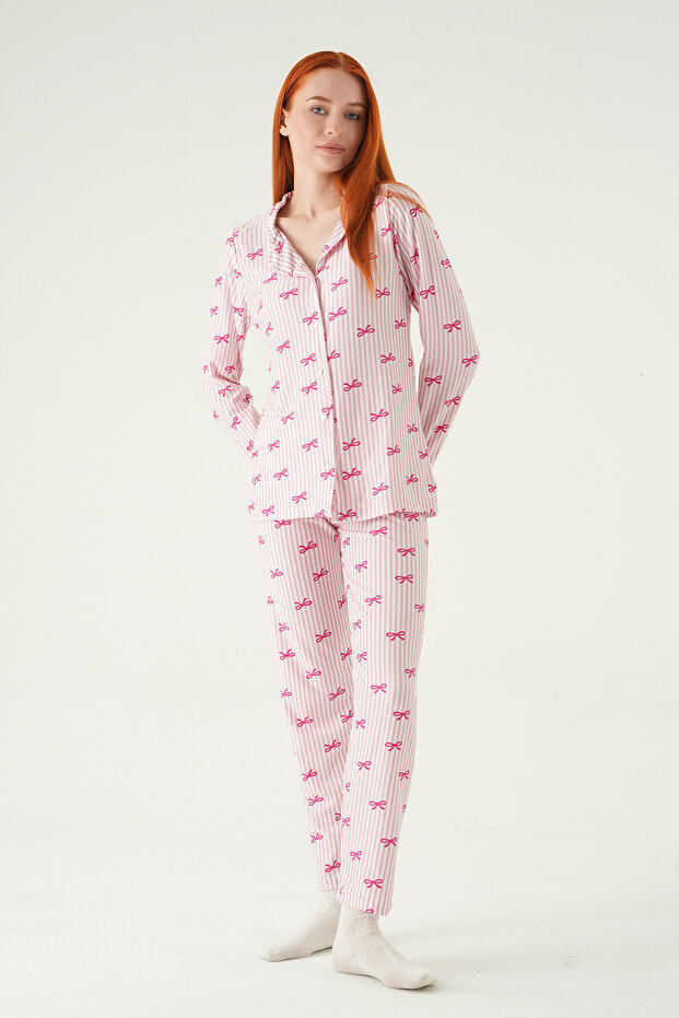 3412 Bow Pattern Buttoned Pajama Set Pink - 3