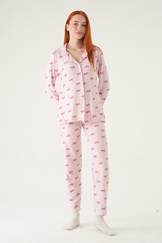 3412 Bow Pattern Buttoned Pajama Set Pink - 2