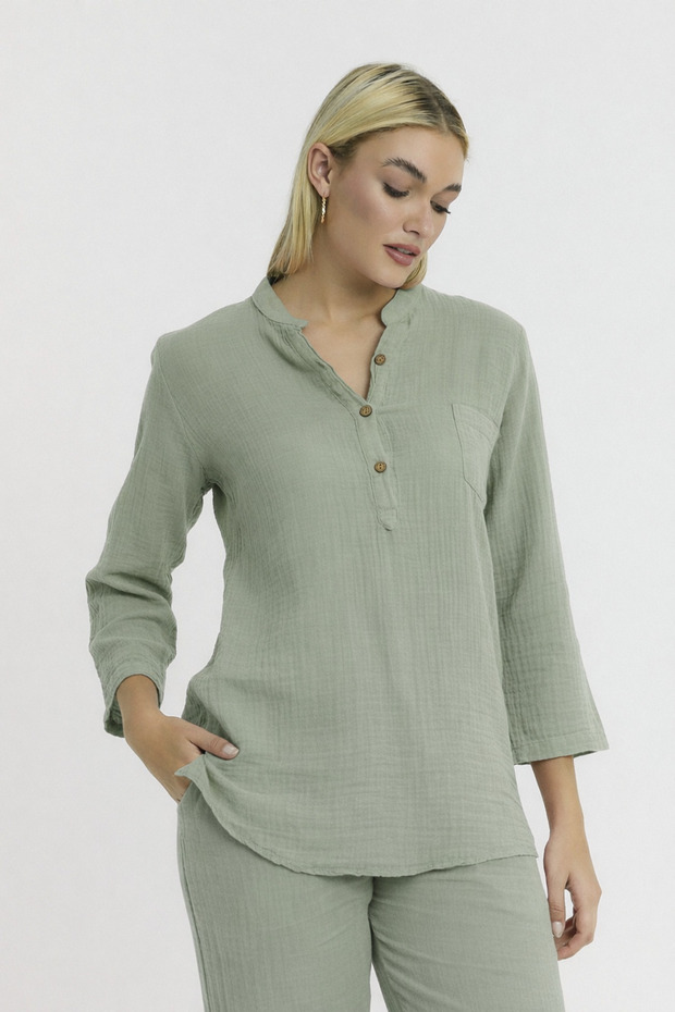 Judge Collar Long Sleeve Half Placket Muslin Shirt - 1100