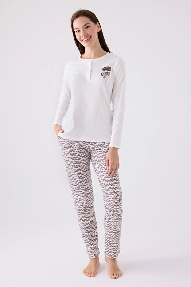 Women's Hakim Collar Pigment Printed Winter Regular Fit White Pajama Set Ar3087-S-V1