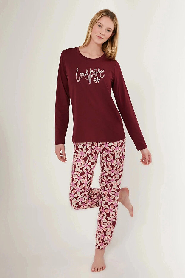 İnspive Claret Red Women's Long Sleeve Pajama Set