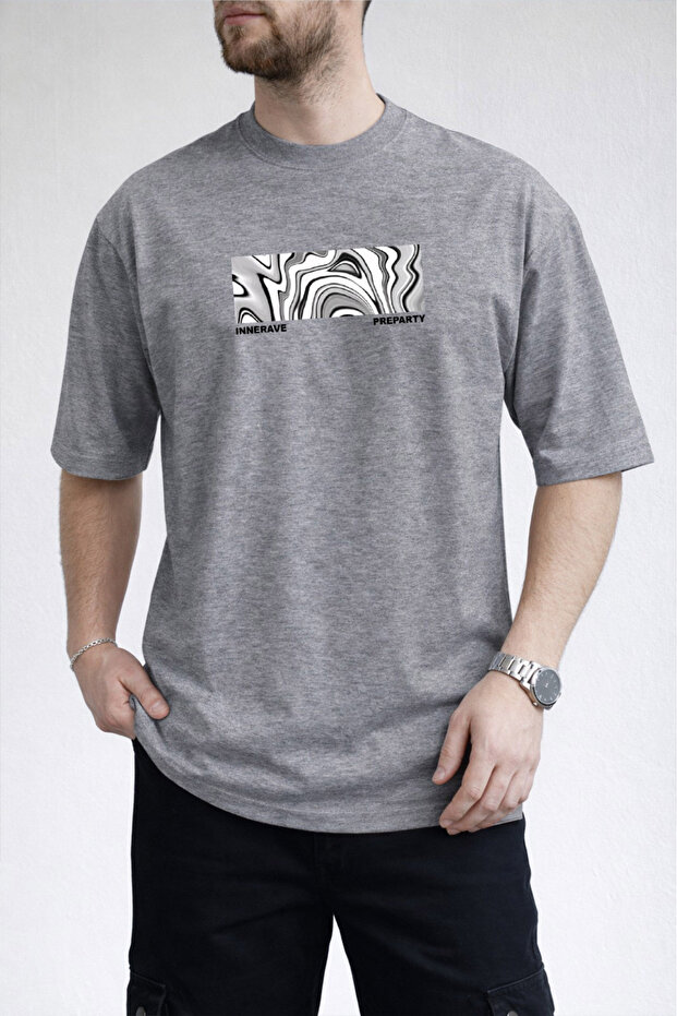 Men's Abstract Graphic Printed 100 Cotton Gray T-Shirt