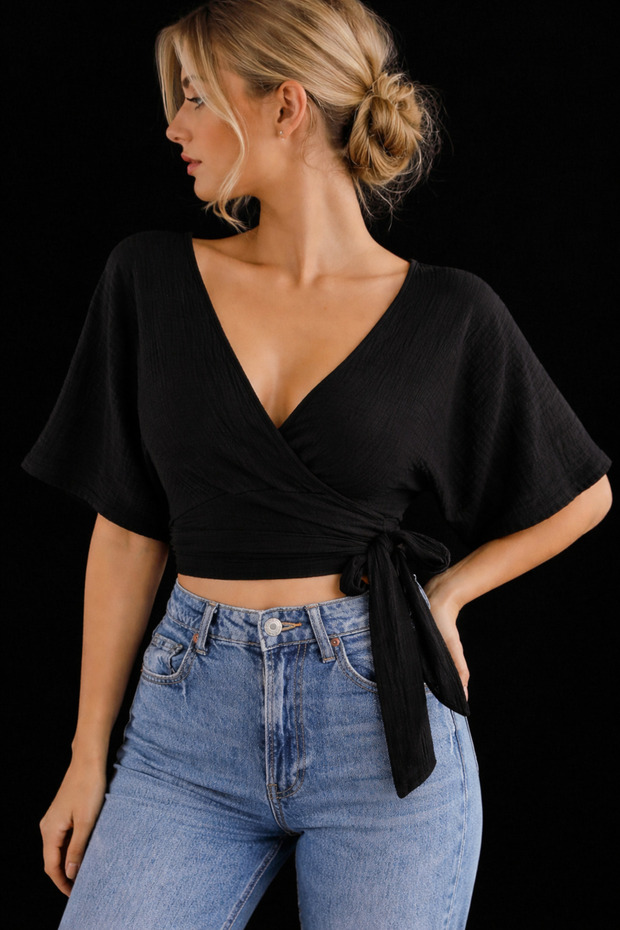 Muslin 100% Cotton V-Neck Tie-Up Blouse
