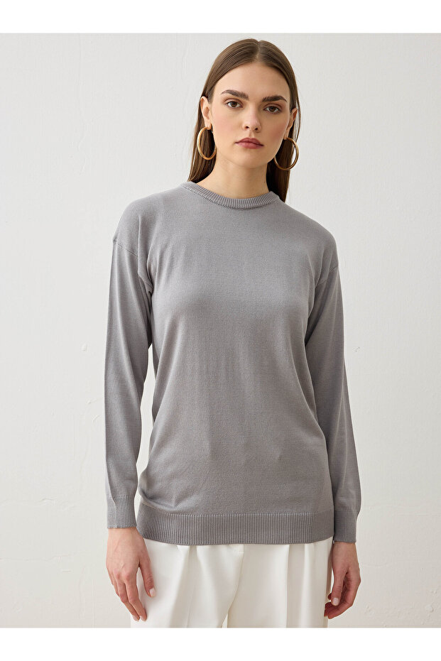 Yumuşak Tuşeli Basic Triko Kazak - Gri Mavi - - 4