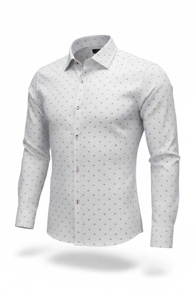 Minimal Red Figure Detailed Fine Dot Long Sleeve Men's Shirt