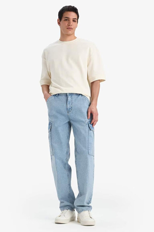 100% Cotton Relax Fit Comfortable Cut Straight Leg Cargo Pocket Jean Washable Trousers F2381Ax25Sp