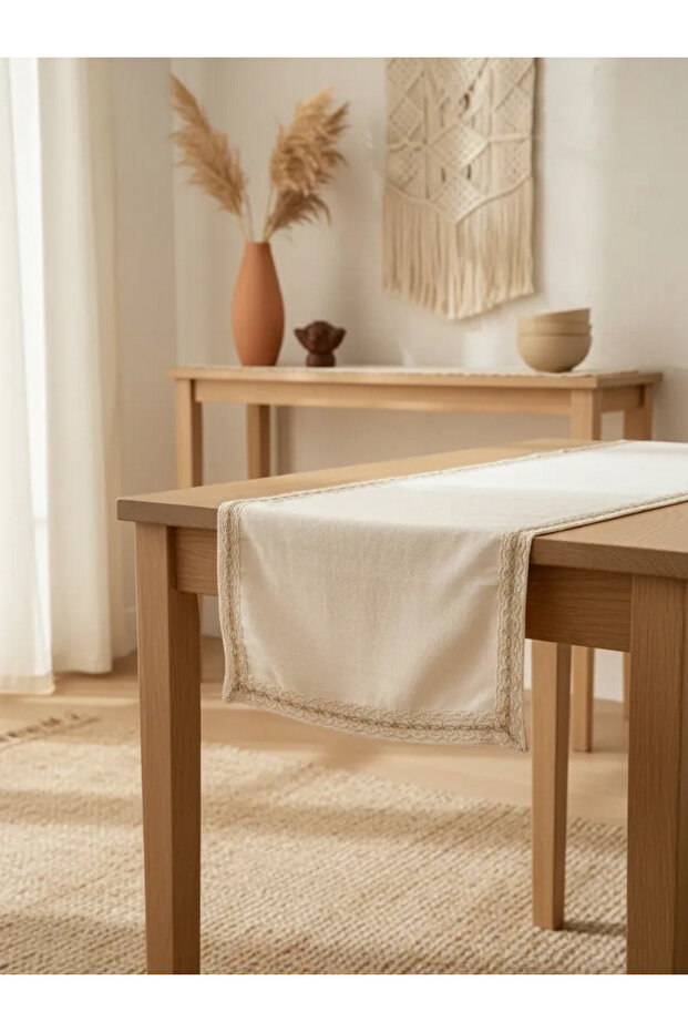 Special Design Organic Linen Cream Sand Color Lacy Runner Table Cloth 45 X 150