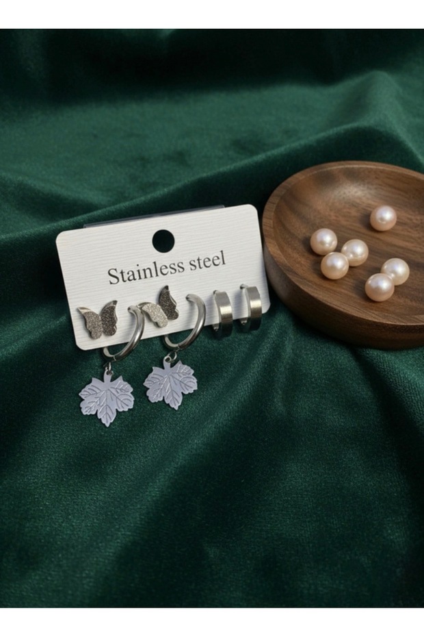 Silver Color Steel 6-Piece Earring Set - with Silvery Butterfly and Sycamore Leaf Figures