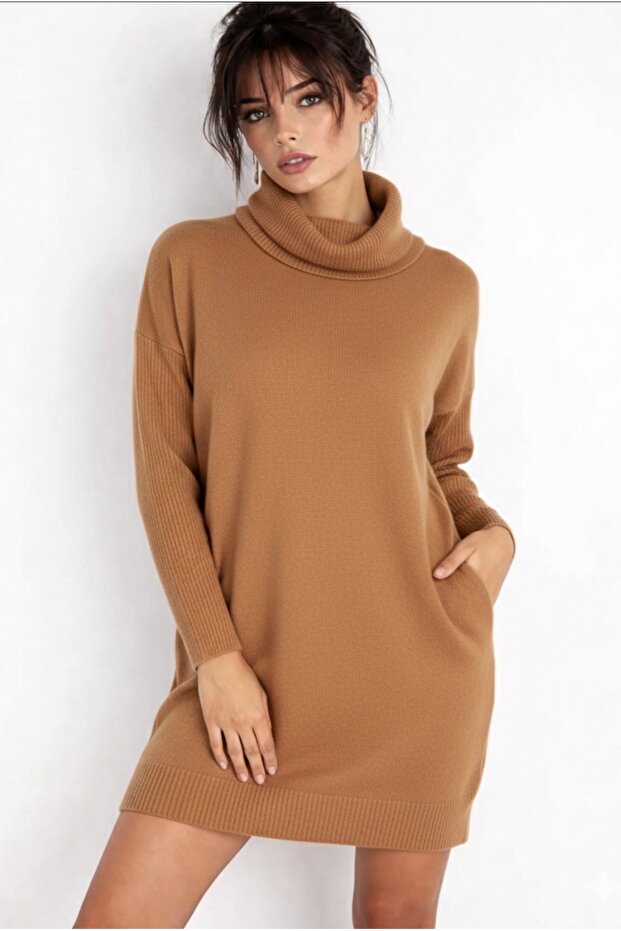 Women's Camel Degaje Collar Mini Knit Dress Be286