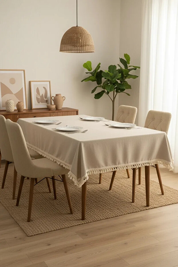 Beige Cotton Linen Pompom Tablecloth