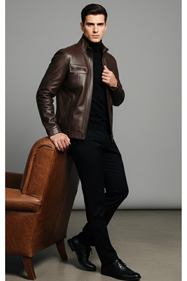100% Original Genuine Leather Brown Coat Classic Regular Fit