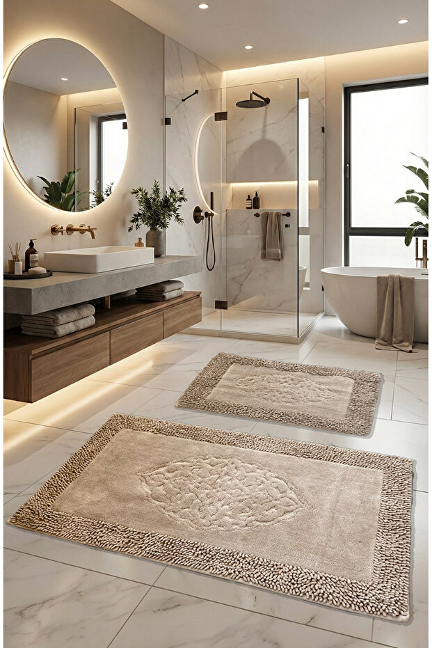 Pamukkent Super Soft, Super Absorbent 2-Piece 100% Cotton Ultra Luxury Bath Mat Set Milky Coffee