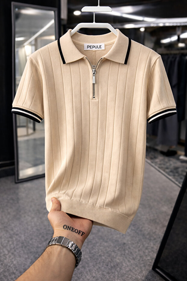 Bej Polo yaka detaylı Örme Triko Tshirt