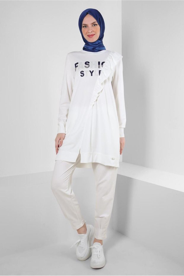 Text Printed Ruffle Detail Sweatshirt Tunic 43699