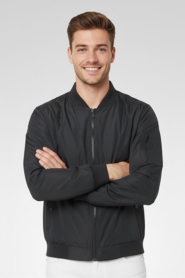 جاكيت بومبر سادة للرجال، أسود - 3
