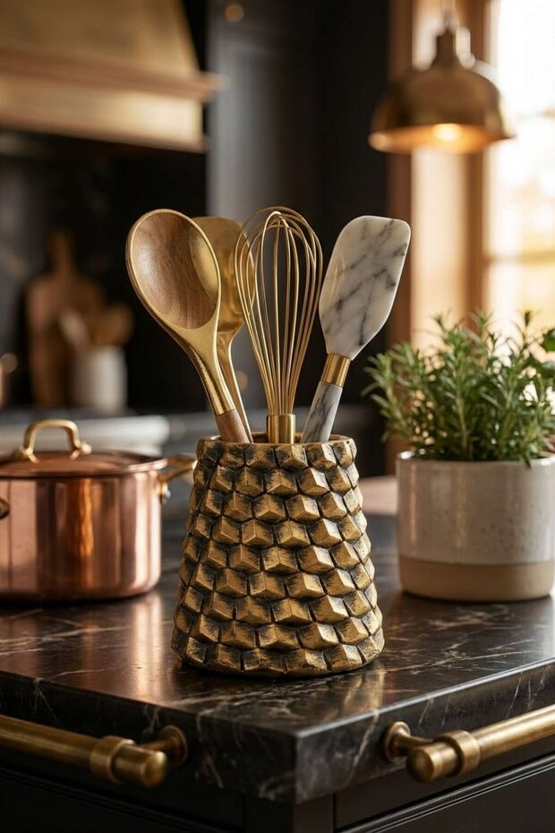 Countertop Cutlery Decorative Vertical Cutlery Cylinder Cutlery Gold Antique Color Model 84