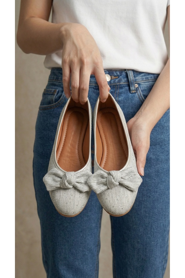 Women's Silver Stone Detailed Bowknot Ballerinas 1cm Byndskl02