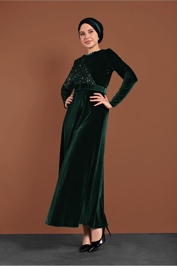 PULLU KADİFE ELBİSE 40299 - 2