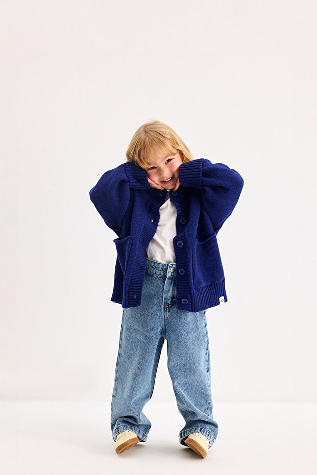 Yünlü Oversize Triko Hırka Mavi - 2