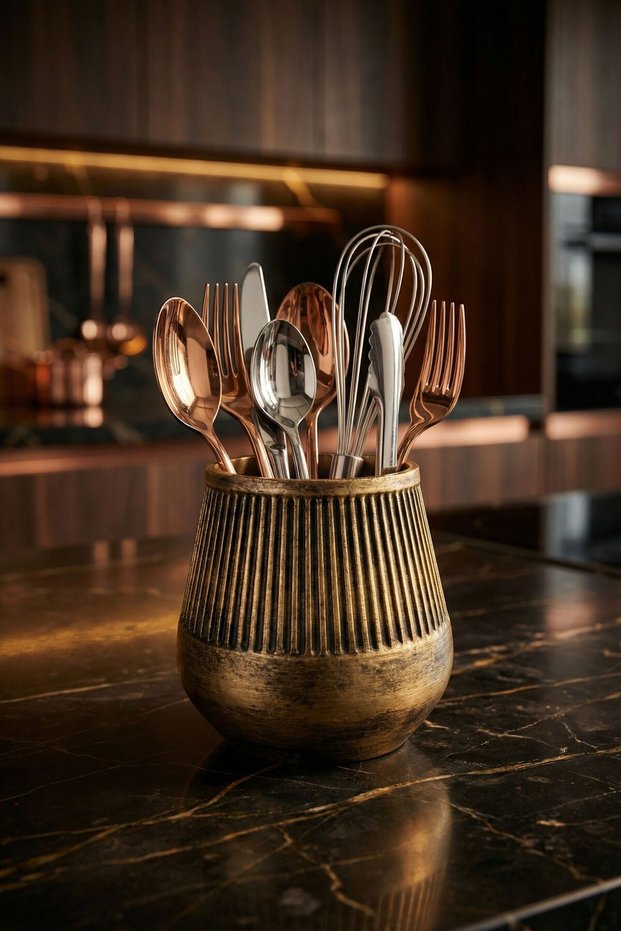 Countertop Cutlery Decorative Vertical Cutlery Cylinder Cutlery Gold Antique Color Model 88