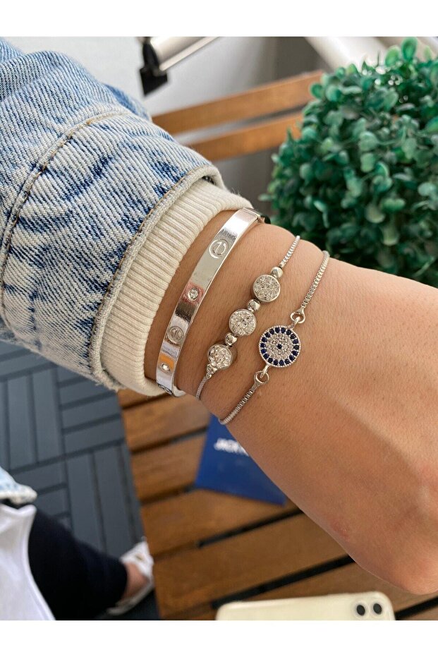 Women's White Color Evil Eye Beaded and Stone 3-Piece Combination Bracelet Set