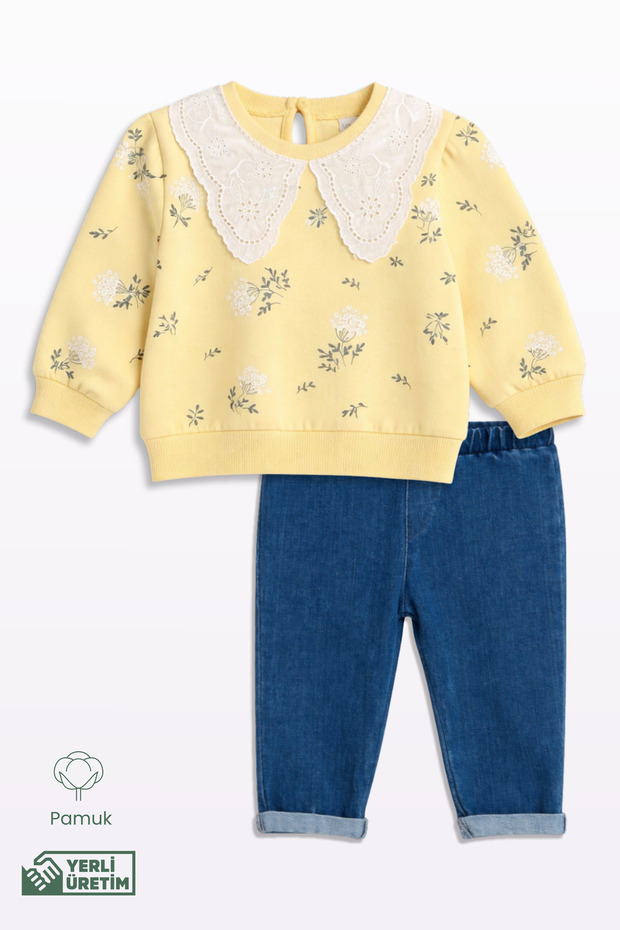 Baby Girl Lace Collar Detailed Floral Patterned Blouse 2-Piece Set 9-12-18-24 months 100% Cotton
