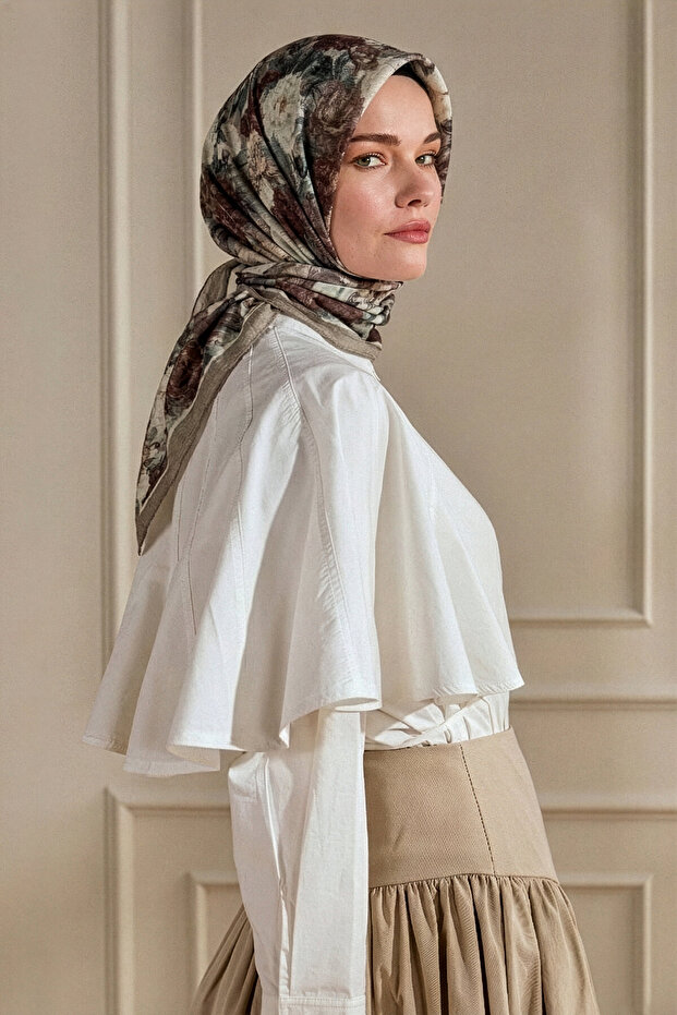 Beige Night Flower Patterned Muslin Scarf