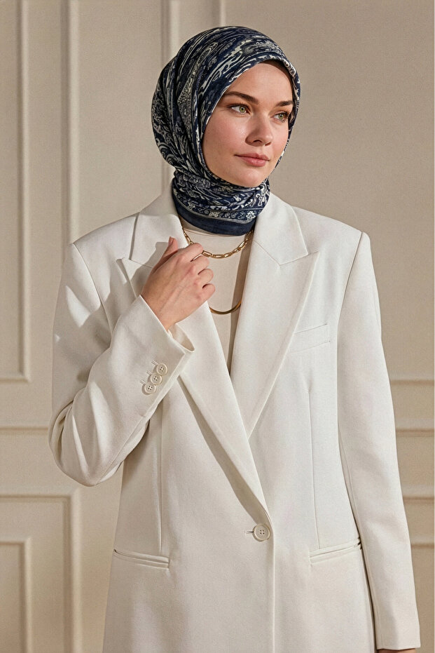 Navy Blue Heritage Patterned Muslin Scarf