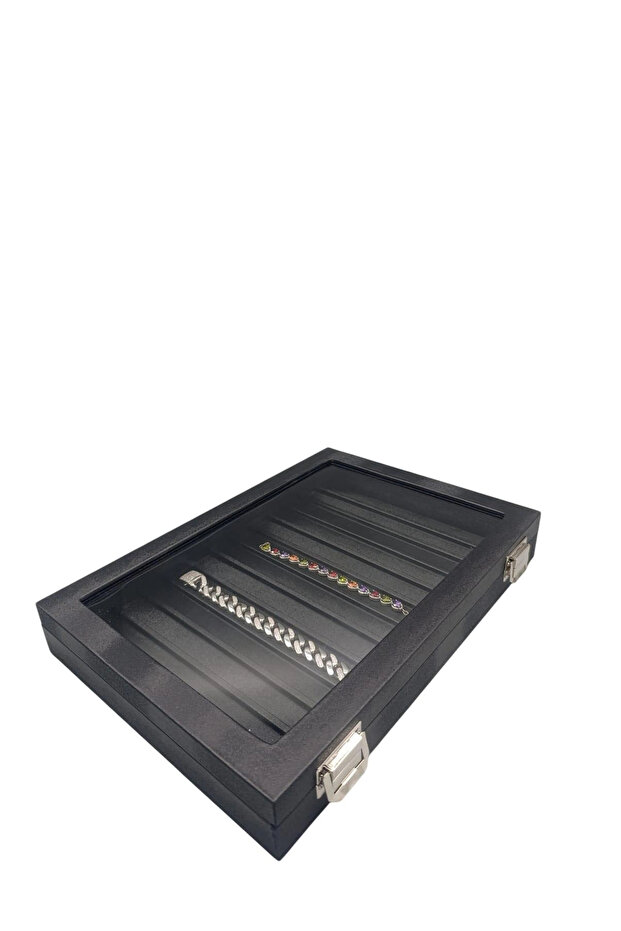 New Glass Covered Imera Leather Fabric Black Color 34 cm / 24 cm Compartmented Necklace-Bracelet Tray